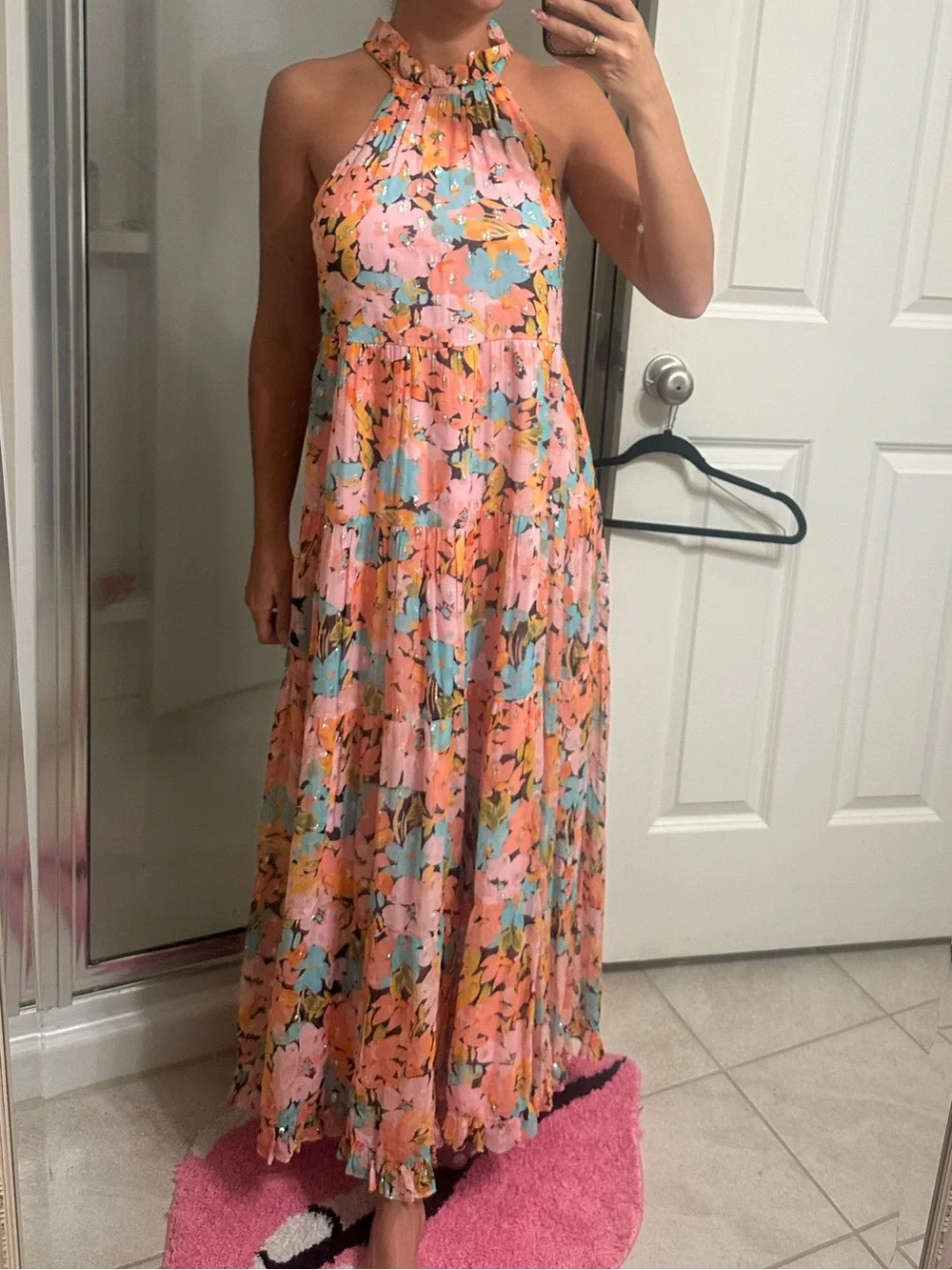 SAYLOR Peach-Pink Floral Halter Maxi Dress